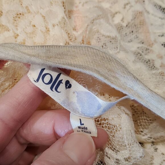 Jolt Sheer Lace Cream Long Sleeve Blouse Patchwork Sz L - Picture 6 of 7